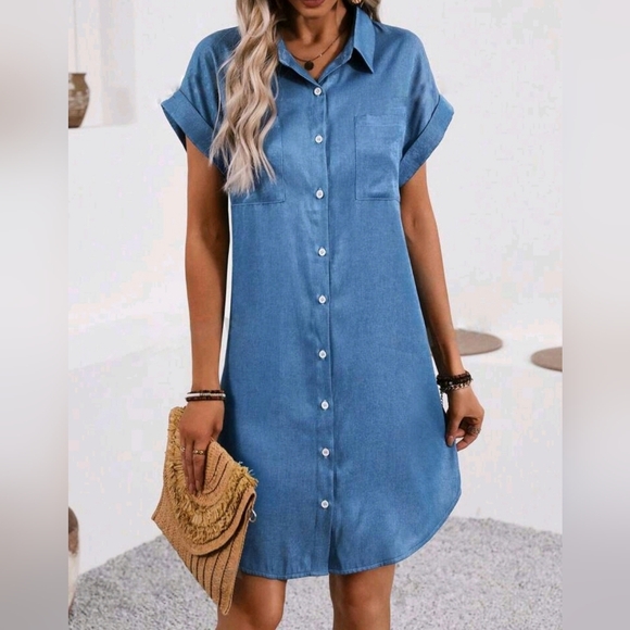 NEW Chic Button Down Shirt Dress Chambray Denim Blue - Picture 3 of 7